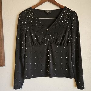 Belldini Black Embellished Long Sleeves Babydoll Blouse Top PS